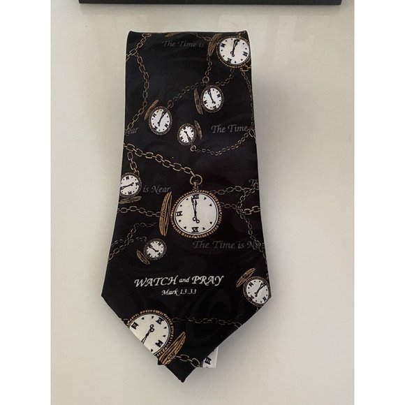 Appointed Apparel Watch and Pray Black Gold Christian Silk Tie Vintage 4" x 59" - Picture 4 of 16